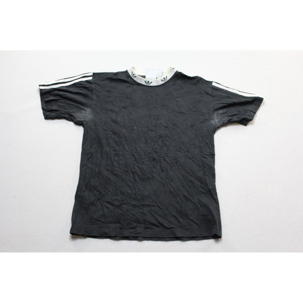 Adidas T-Shirt Women Small Black Fair 3-Stripe Ringer Neck Trefoil Logo Short Sl